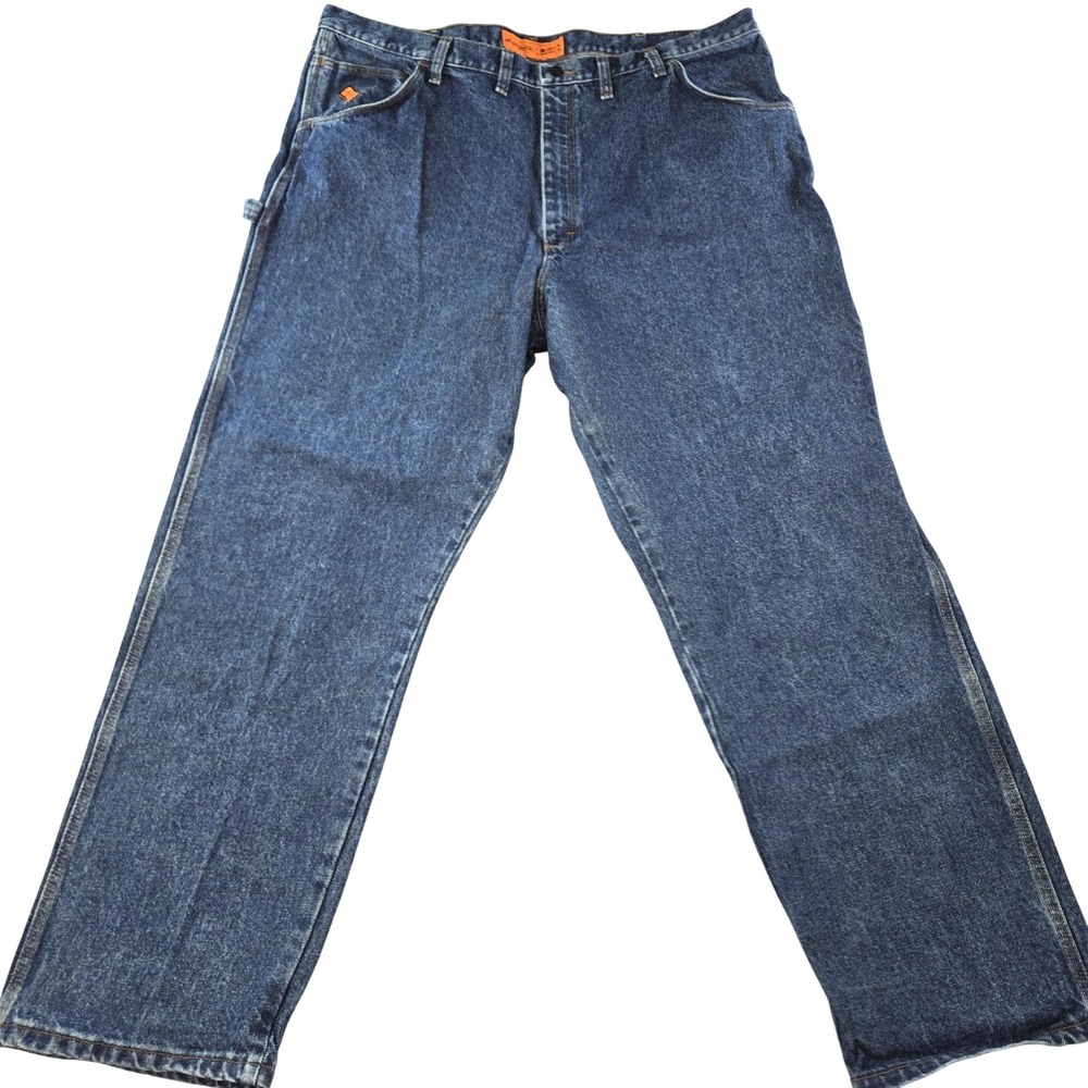 Wrangler FR3W020 Jeans Mens Blue Medium Wash Straight Relaxed Workwear 44x32